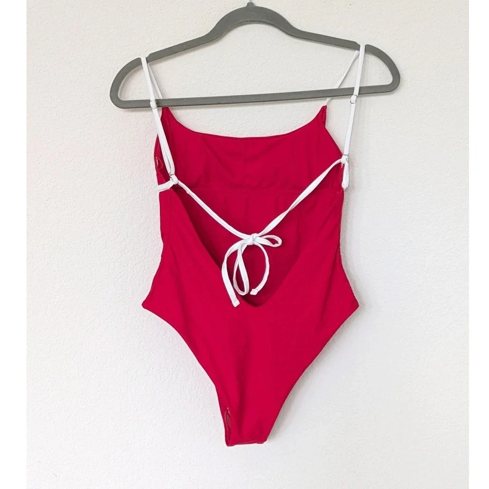 Unbranded Red White Trim One Piece Swimsuit Women Size M High Cut Strappy Back - Picture 3 of 8